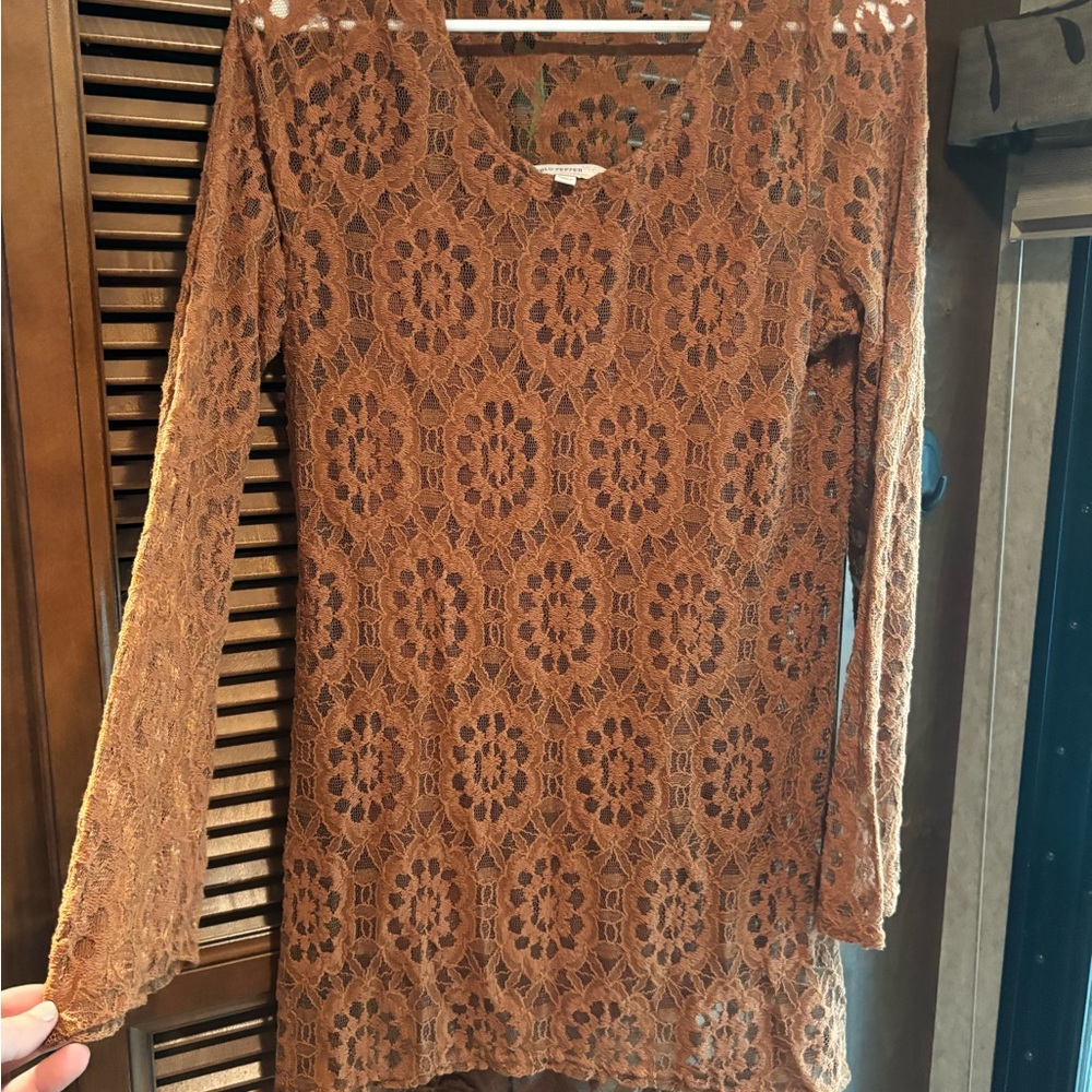 Blu Pepper Floral Lace Long Sleeve Top - Brown- lightweight